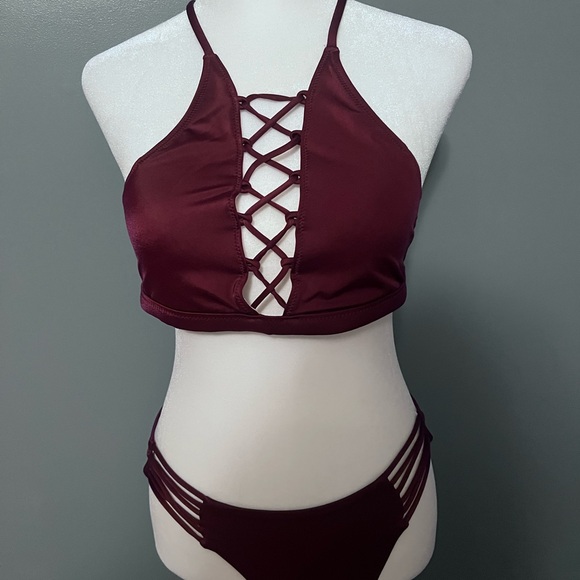 PINK Victoria's Secret Burgundy Bikini with Lace-Up Detail - Picture 1 of 5